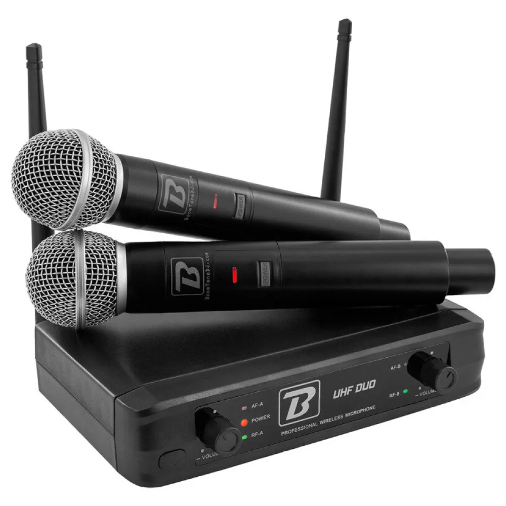 BOOMTONE DJ UHF DUO UHF WIRELESS MICROPHONE SYSTEM, INCLUDING A DUAL RECEIVER AND TWO HANDHELD TRANSMITTERS